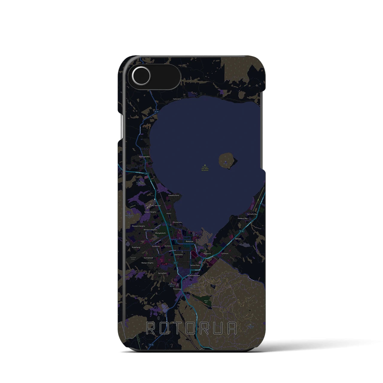【ロトルア】地図柄iPhoneケース（バックカバータイプ・ブラック）iPhone SE（第3 / 第2世代） / 8 / 7 / 6s / 6 用