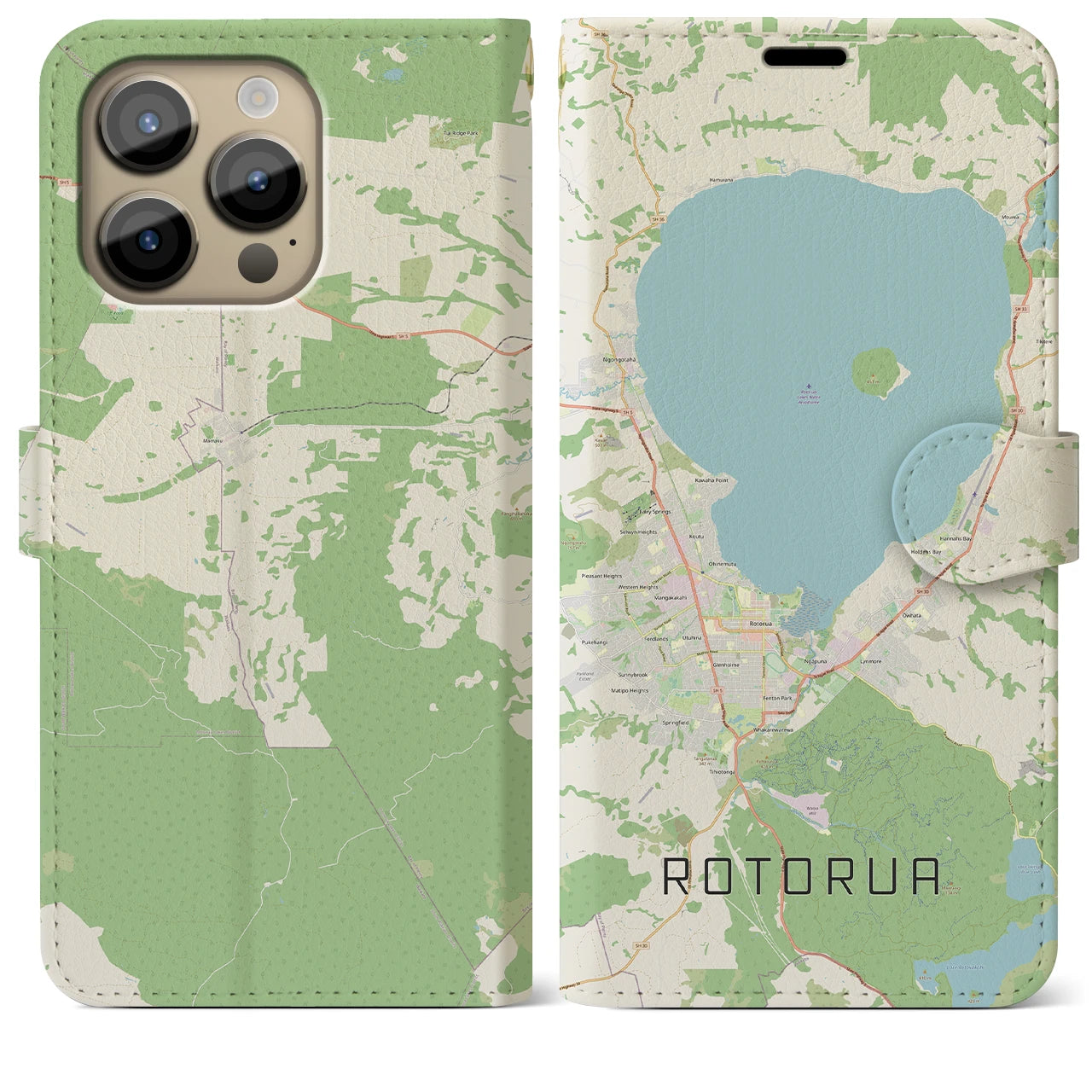 【ロトルア】地図柄iPhoneケース（手帳両面タイプ・ナチュラル）iPhone 14 Pro Max 用