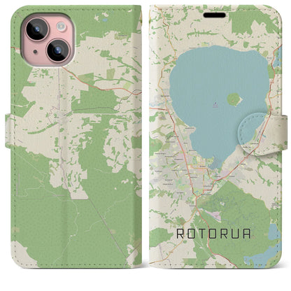 【ロトルア（ニュージーランド）】地図柄iPhoneケース（手帳タイプ）ナチュラル・iPhone 15 Plus 用