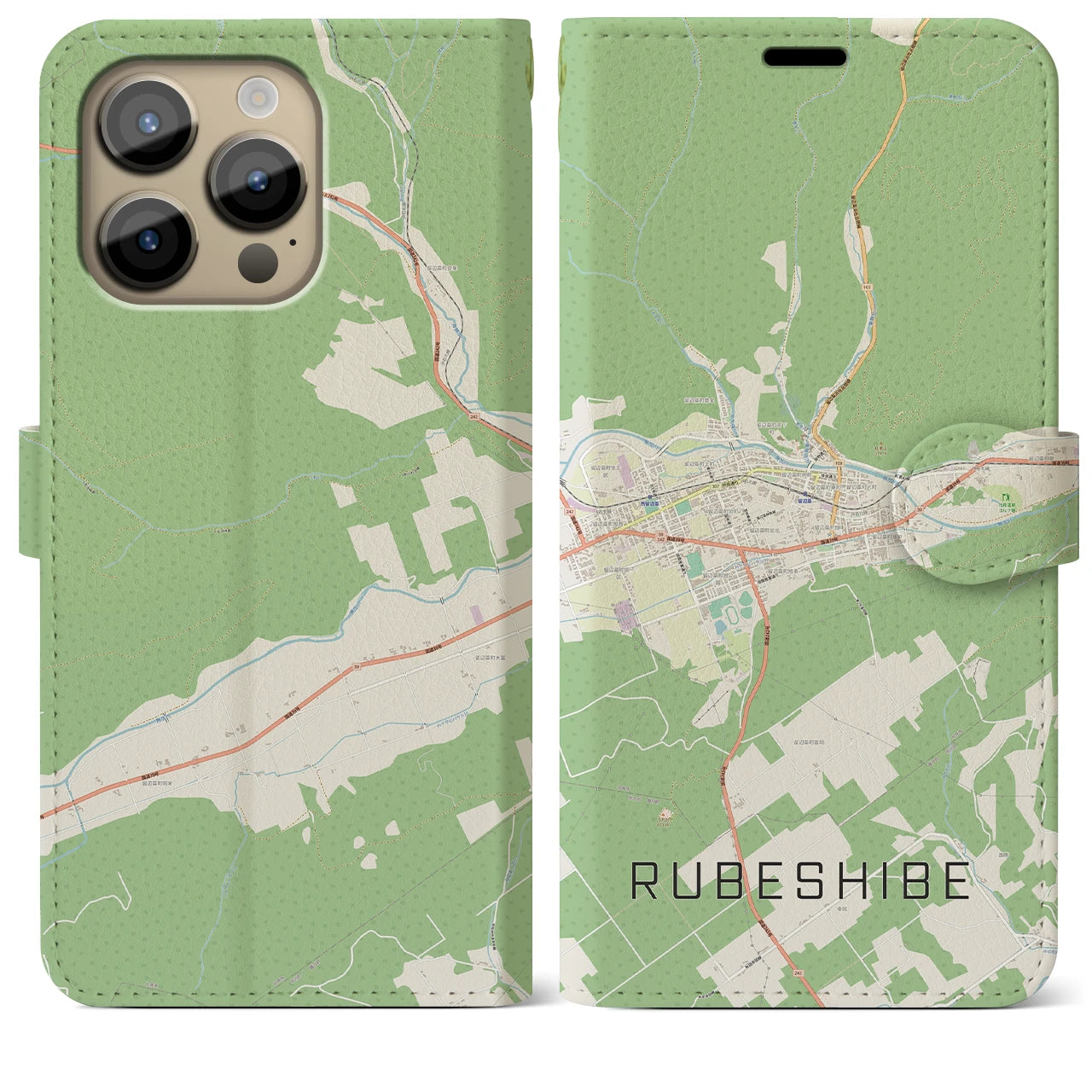 【留辺蘂】地図柄iPhoneケース（手帳両面タイプ・ナチュラル）iPhone 14 Pro Max 用