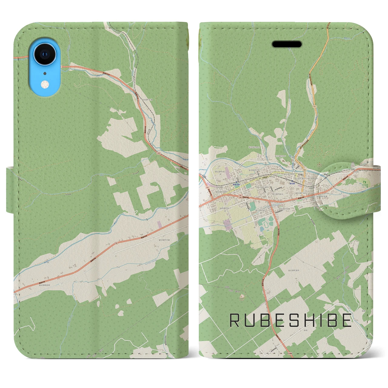 【留辺蘂】地図柄iPhoneケース（手帳両面タイプ・ナチュラル）iPhone XR 用