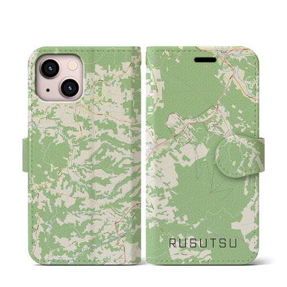 【留寿都（北海道）】地図柄iPhoneケース（手帳タイプ）ナチュラル・iPhone 13 mini 用