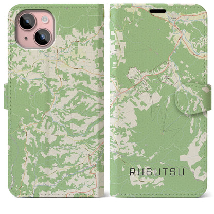 【留寿都（北海道）】地図柄iPhoneケース（手帳タイプ）ナチュラル・iPhone 15 Plus 用