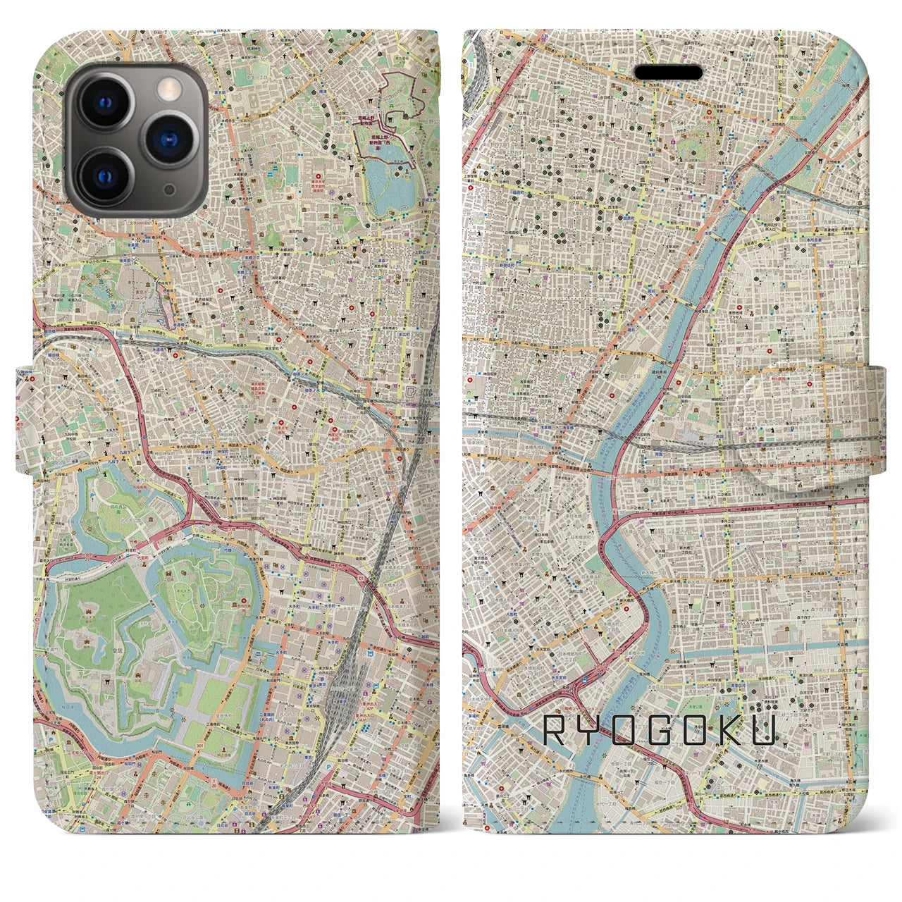 【両国】地図柄iPhoneケース（手帳両面タイプ・ナチュラル）iPhone 11 Pro Max 用