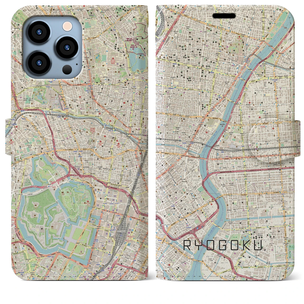 【両国】地図柄iPhoneケース（手帳両面タイプ・ナチュラル）iPhone 13 Pro Max 用