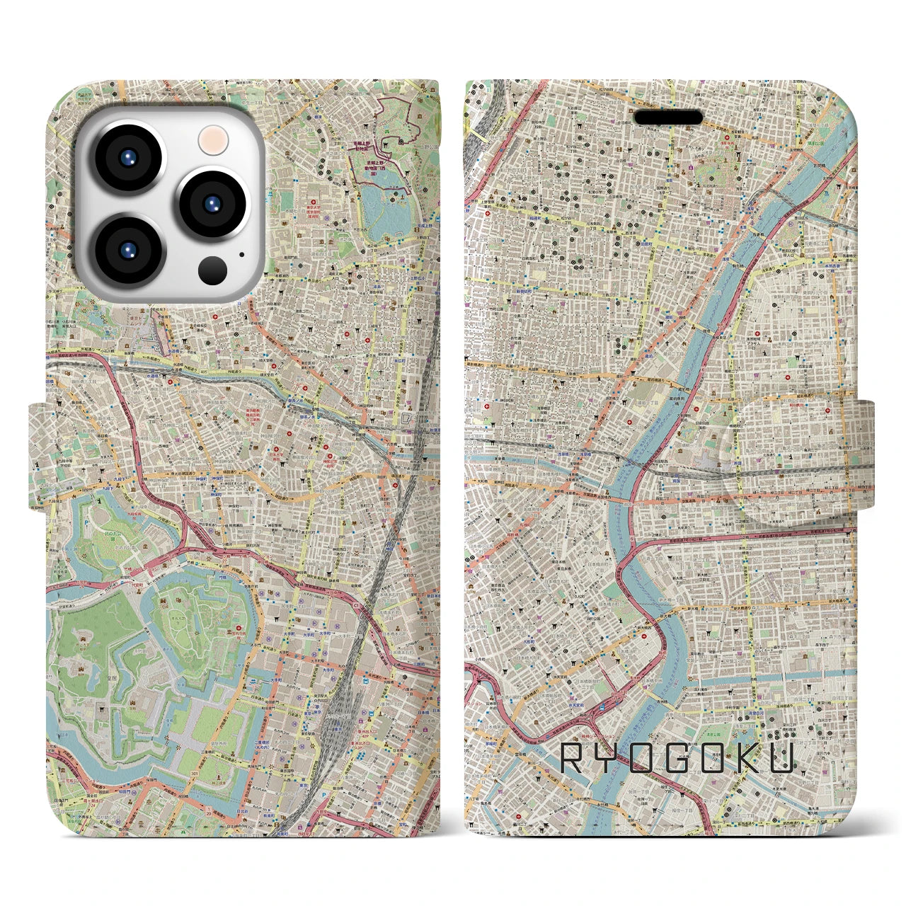 【両国】地図柄iPhoneケース（手帳両面タイプ・ナチュラル）iPhone 13 Pro 用