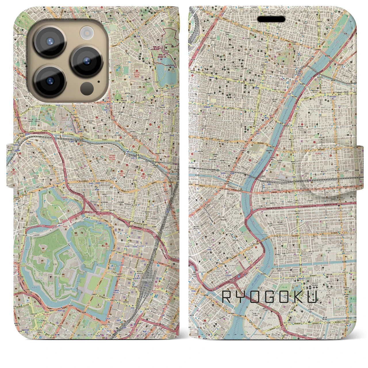 【両国】地図柄iPhoneケース（手帳両面タイプ・ナチュラル）iPhone 14 Pro Max 用
