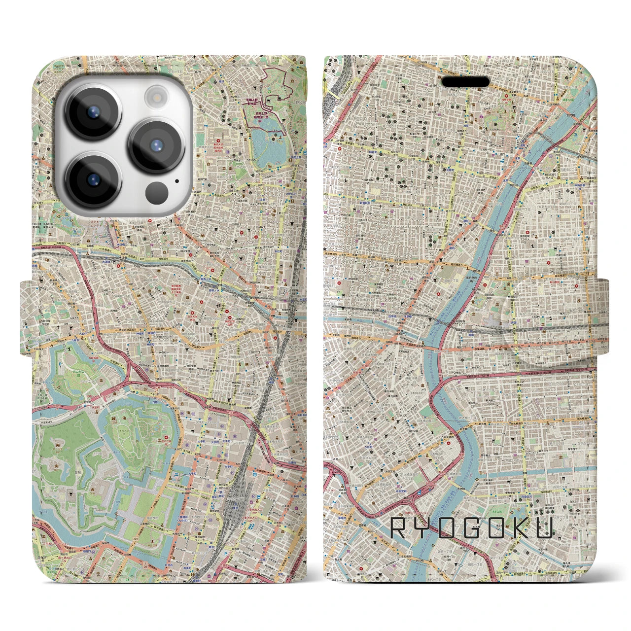 【両国】地図柄iPhoneケース（手帳両面タイプ・ナチュラル）iPhone 14 Pro 用