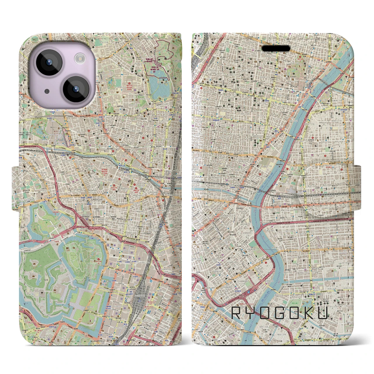 【両国】地図柄iPhoneケース（手帳両面タイプ・ナチュラル）iPhone 14 用