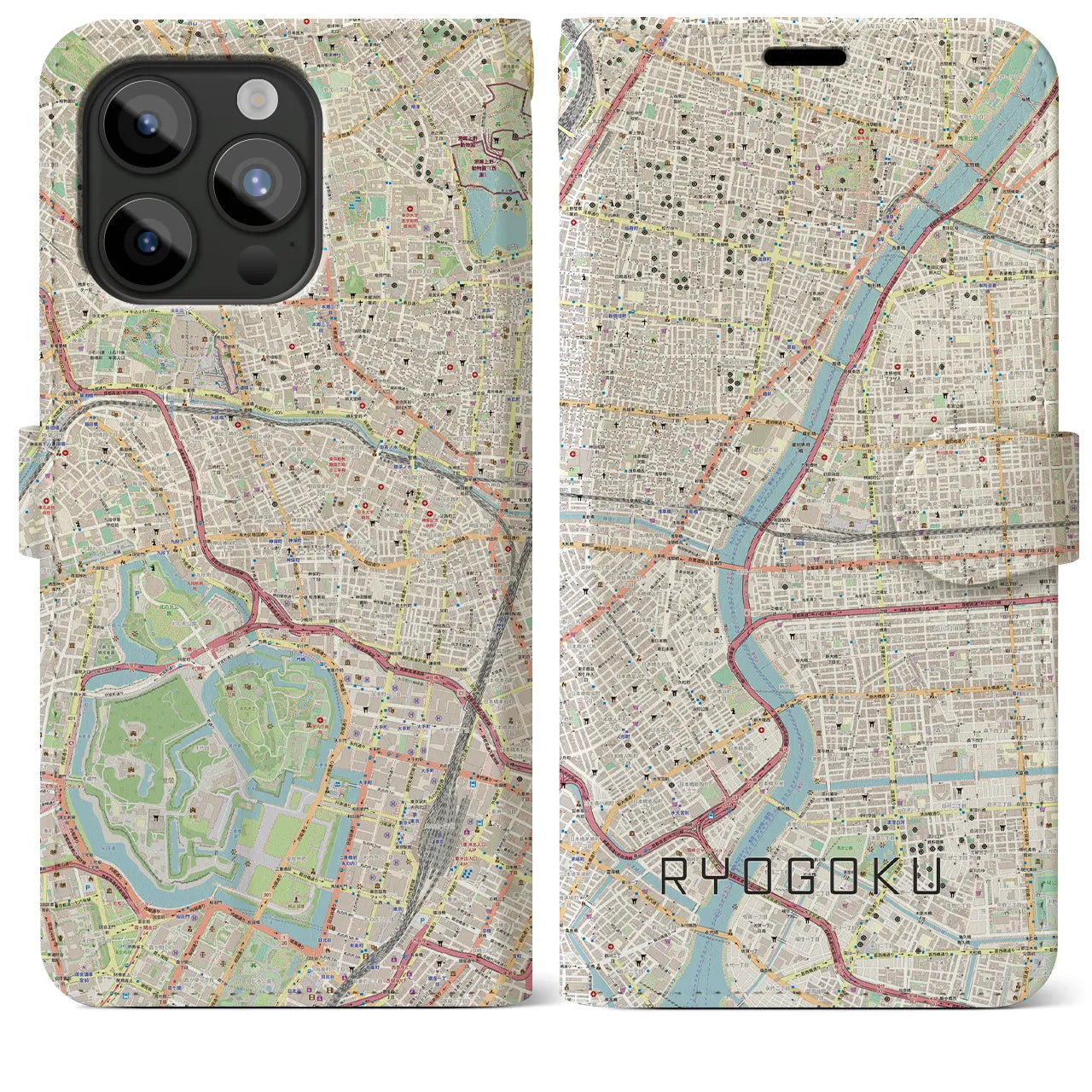 【両国】地図柄iPhoneケース（手帳両面タイプ・ナチュラル）iPhone 15 Pro Max 用
