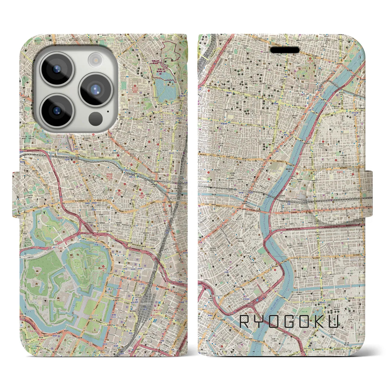 【両国】地図柄iPhoneケース（手帳両面タイプ・ナチュラル）iPhone 15 Pro 用