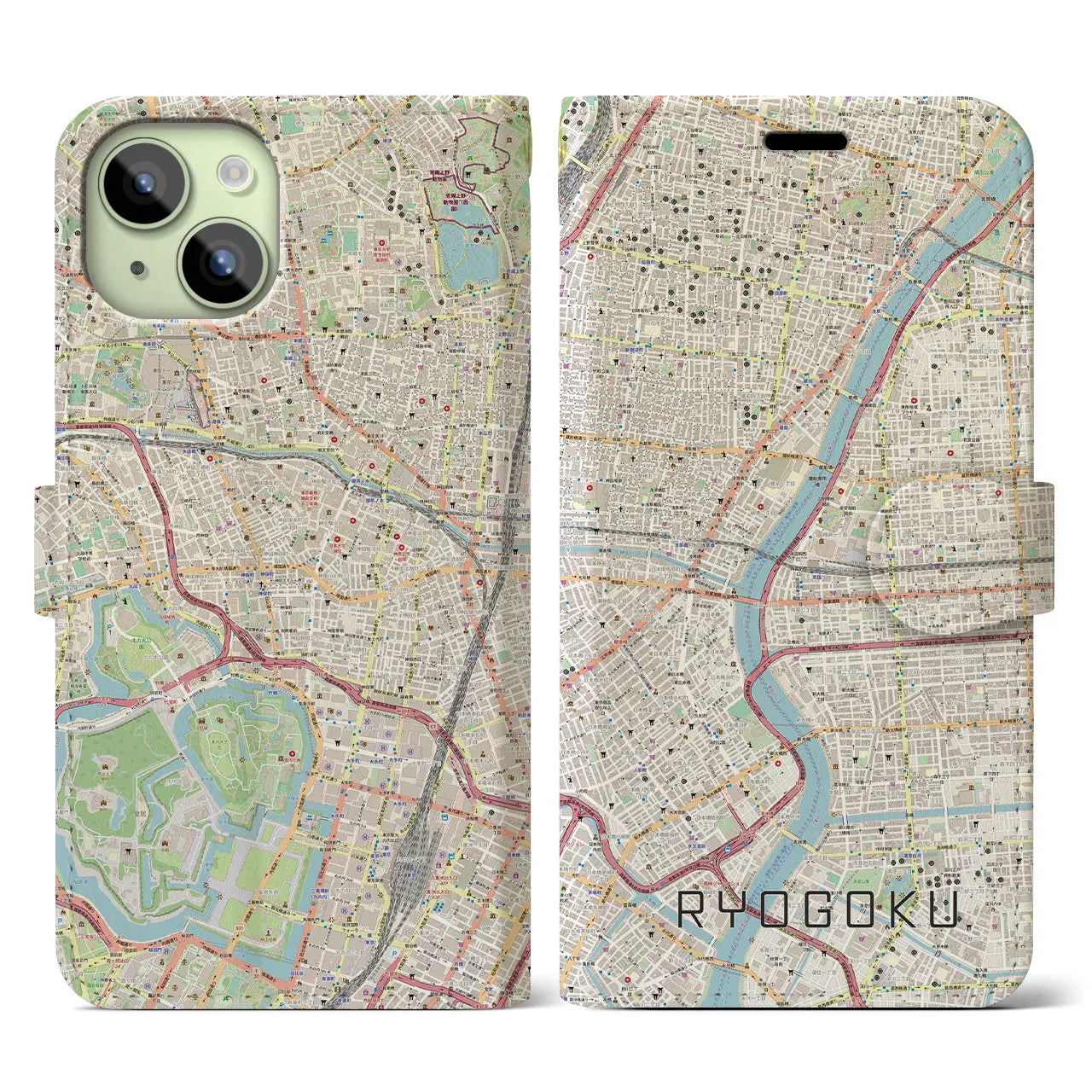 【両国】地図柄iPhoneケース（手帳両面タイプ・ナチュラル）iPhone 15 用