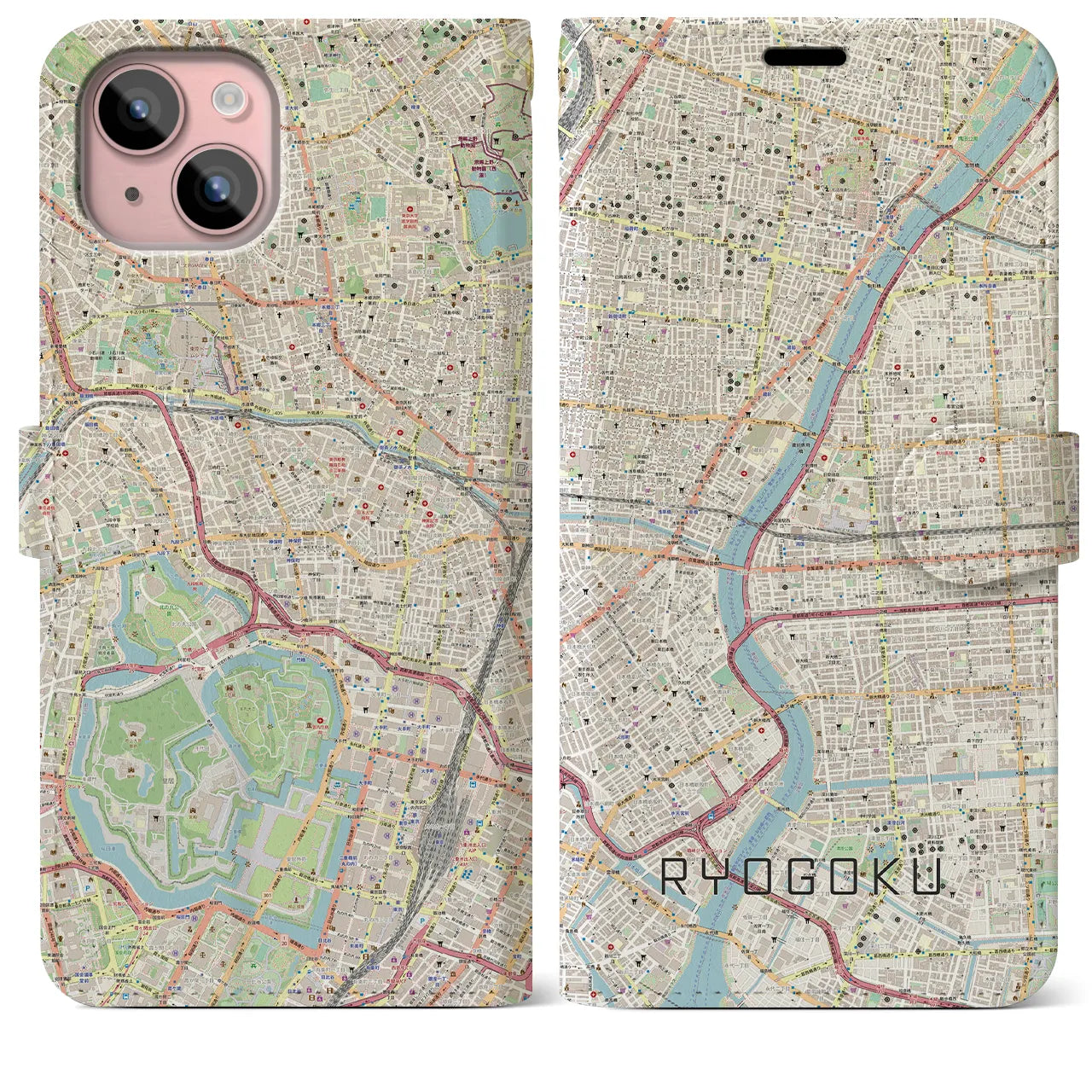 【両国】地図柄iPhoneケース（手帳両面タイプ・ナチュラル）iPhone 15 Plus 用
