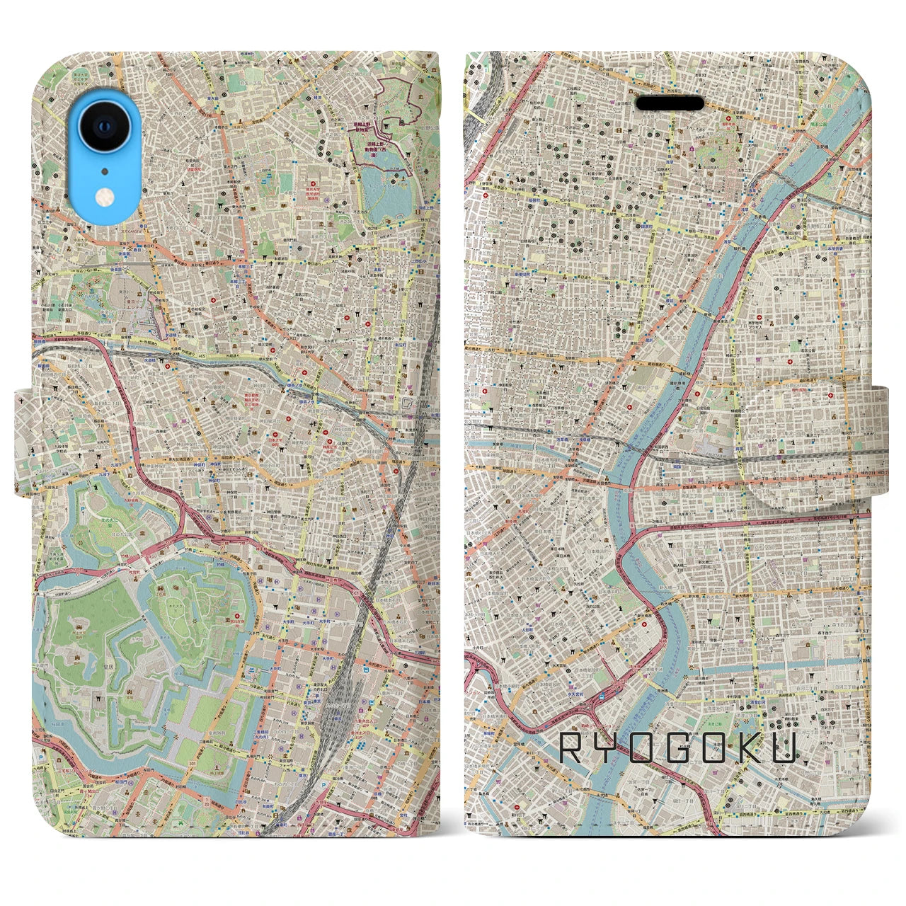 【両国】地図柄iPhoneケース（手帳両面タイプ・ナチュラル）iPhone XR 用