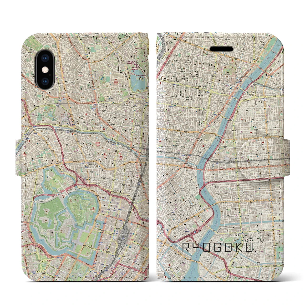 【両国】地図柄iPhoneケース（手帳両面タイプ・ナチュラル）iPhone XS / X 用