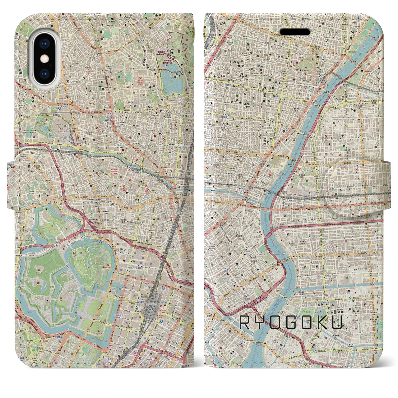 【両国】地図柄iPhoneケース（手帳両面タイプ・ナチュラル）iPhone XS Max 用