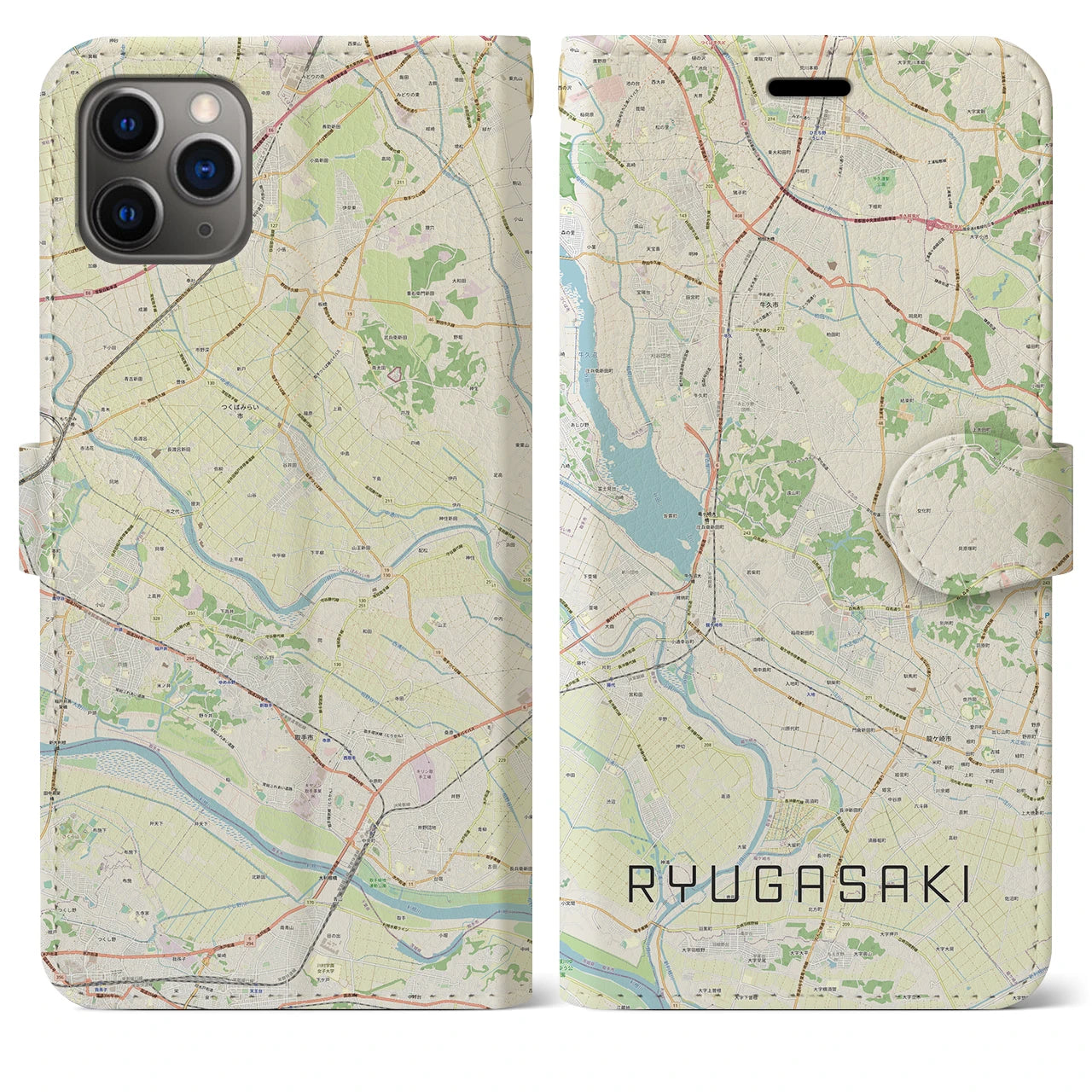 【龍ケ崎】地図柄iPhoneケース（手帳両面タイプ・ナチュラル）iPhone 11 Pro Max 用