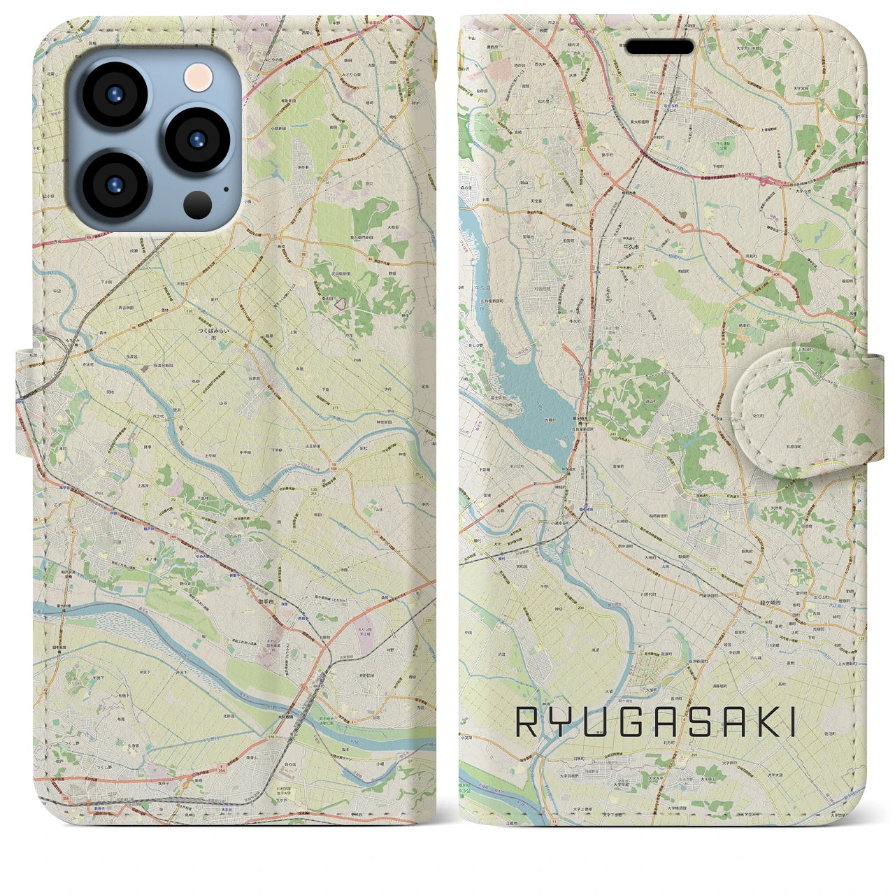 【龍ケ崎】地図柄iPhoneケース（手帳両面タイプ・ナチュラル）iPhone 13 Pro Max 用