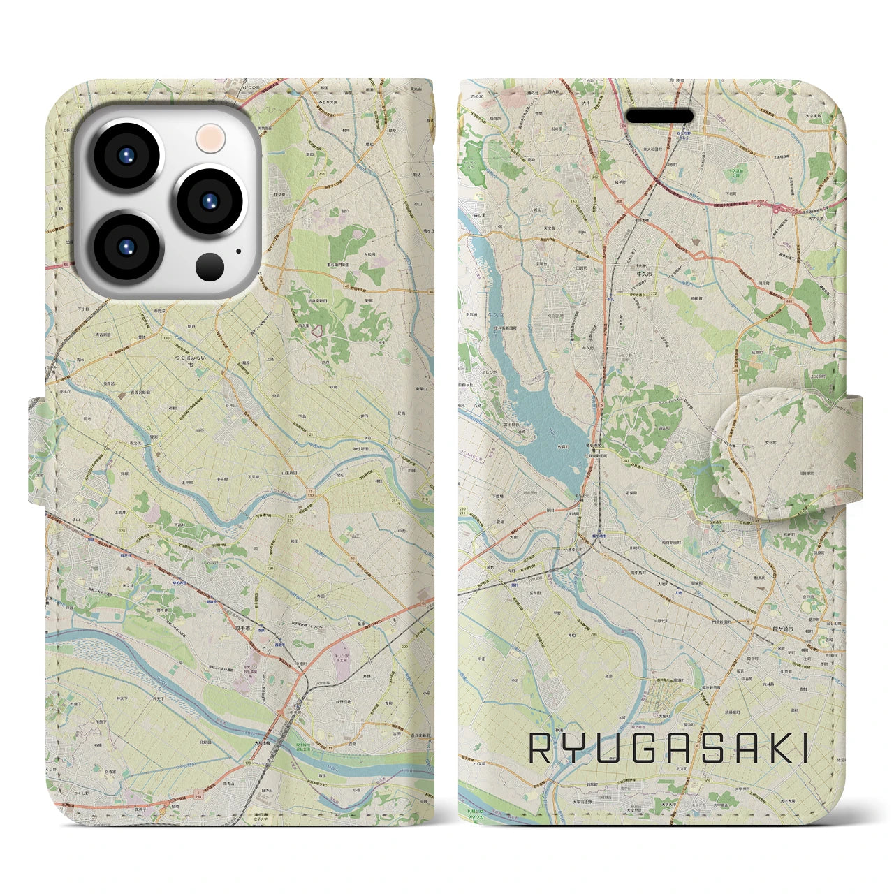 【龍ケ崎】地図柄iPhoneケース（手帳両面タイプ・ナチュラル）iPhone 13 Pro 用