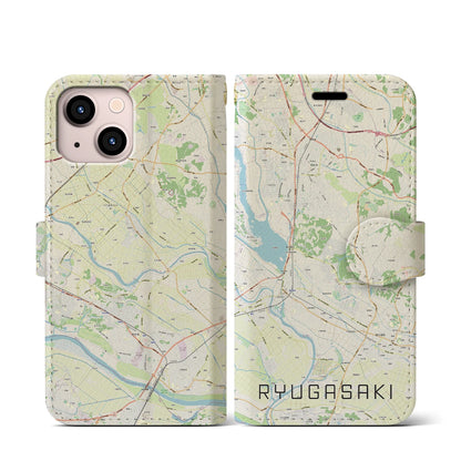 【龍ケ崎（茨城県）】地図柄iPhoneケース（手帳タイプ）ナチュラル・iPhone 13 mini 用