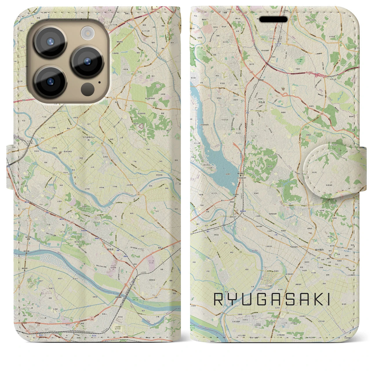 【龍ケ崎】地図柄iPhoneケース（手帳両面タイプ・ナチュラル）iPhone 14 Pro Max 用