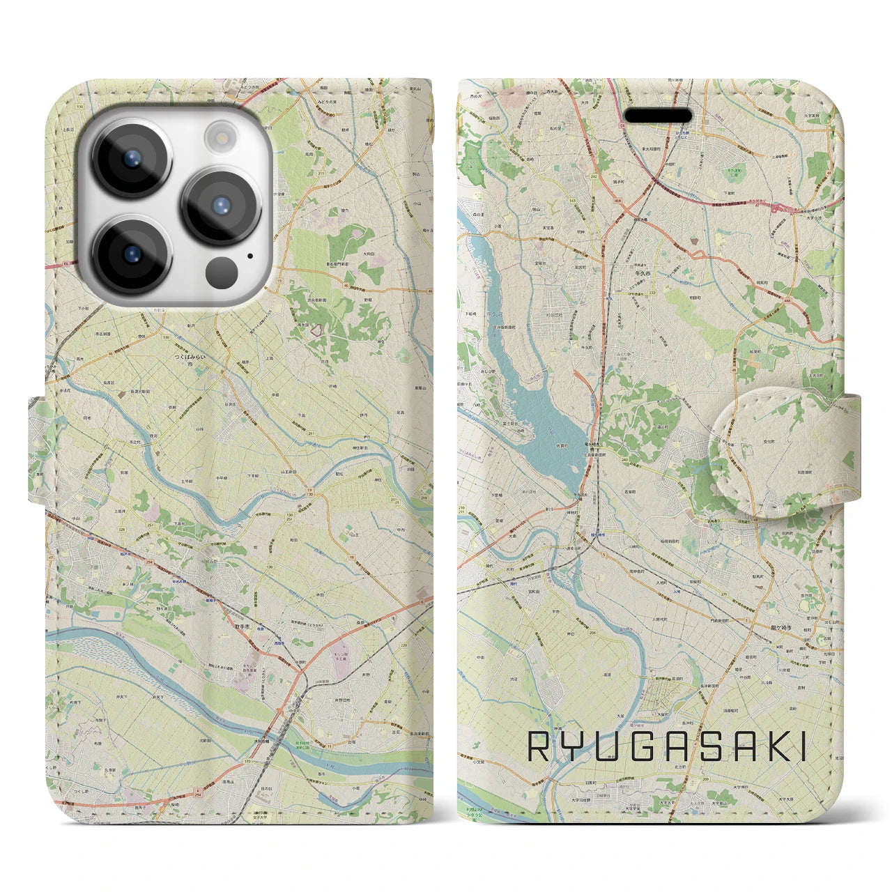 【龍ケ崎】地図柄iPhoneケース（手帳両面タイプ・ナチュラル）iPhone 14 Pro 用