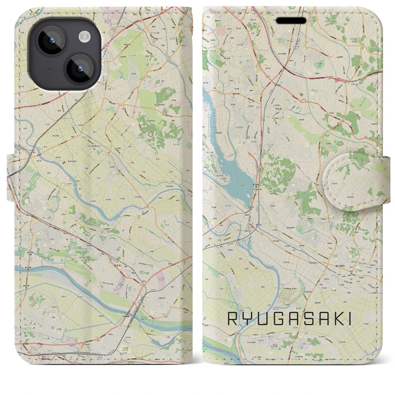 【龍ケ崎】地図柄iPhoneケース（手帳両面タイプ・ナチュラル）iPhone 14 Plus 用