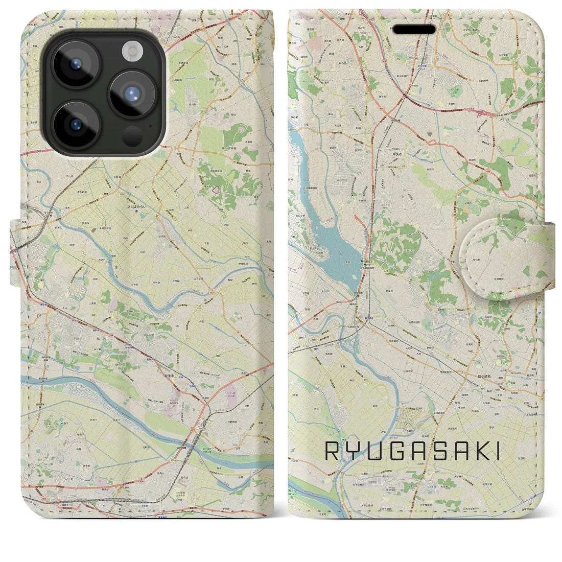 【龍ケ崎】地図柄iPhoneケース（手帳両面タイプ・ナチュラル）iPhone 15 Pro Max 用