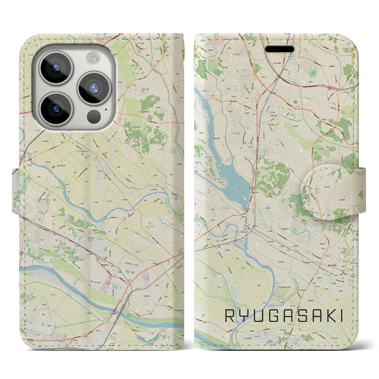 【龍ケ崎】地図柄iPhoneケース（手帳両面タイプ・ナチュラル）iPhone 15 Pro 用