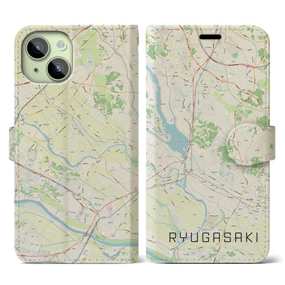 【龍ケ崎（茨城県）】地図柄iPhoneケース（手帳タイプ）ナチュラル・iPhone 15 用