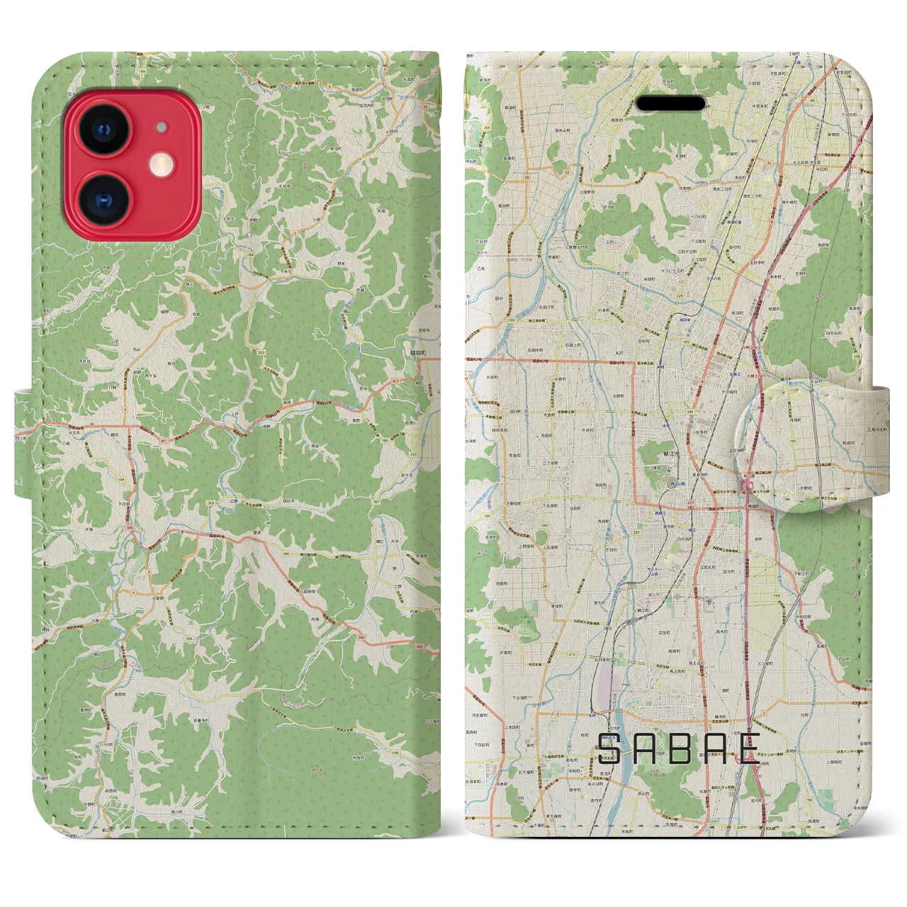 【鯖江】地図柄iPhoneケース（手帳両面タイプ・ナチュラル）iPhone 11 用