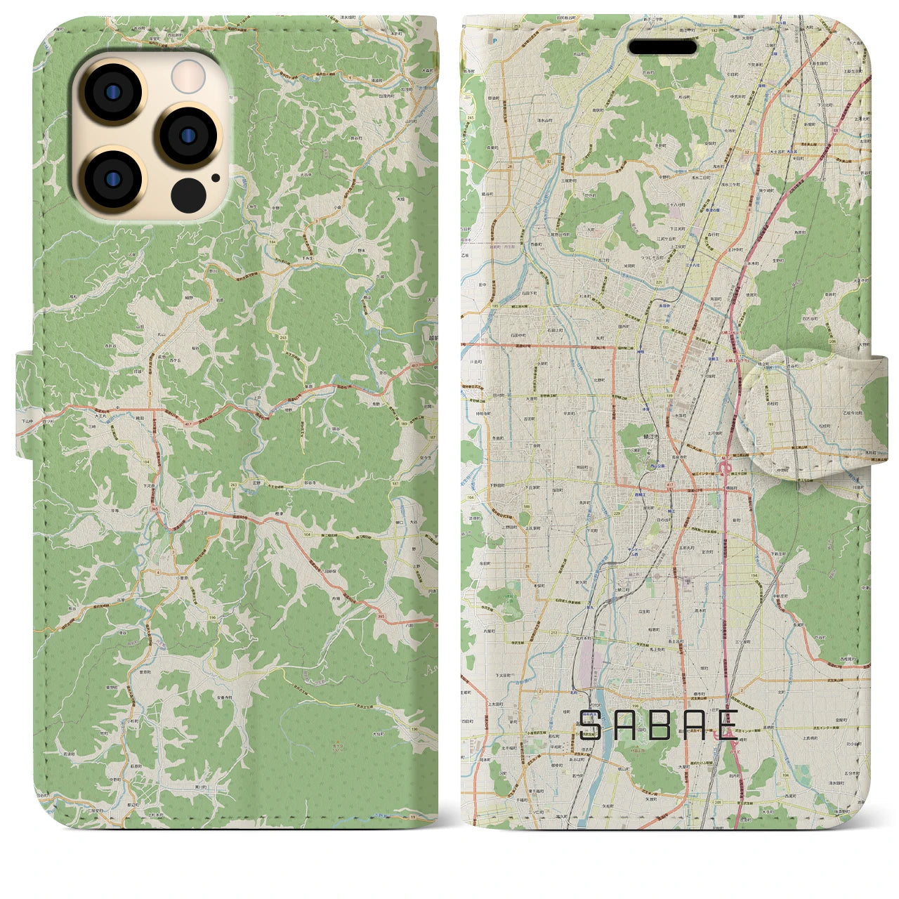 【鯖江】地図柄iPhoneケース（手帳両面タイプ・ナチュラル）iPhone 12 Pro Max 用