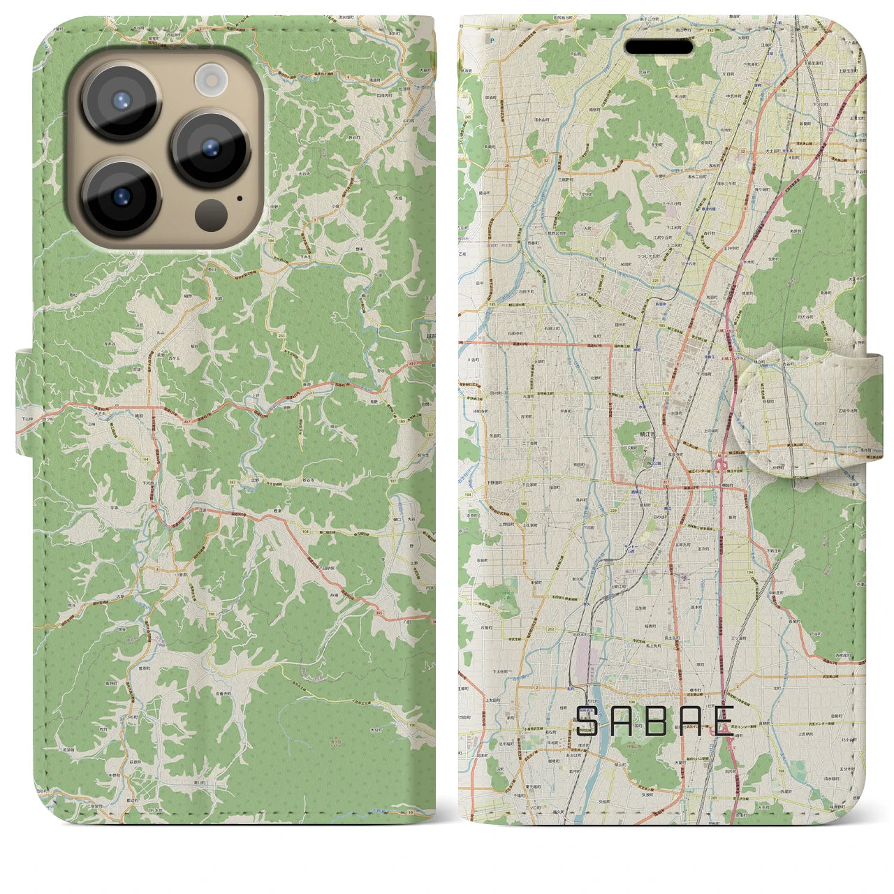 【鯖江】地図柄iPhoneケース（手帳両面タイプ・ナチュラル）iPhone 14 Pro Max 用
