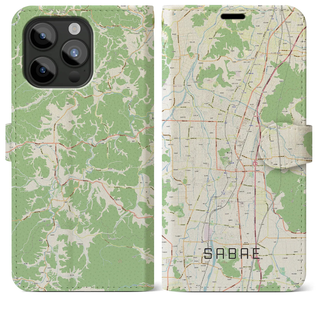 【鯖江】地図柄iPhoneケース（手帳両面タイプ・ナチュラル）iPhone 15 Pro Max 用
