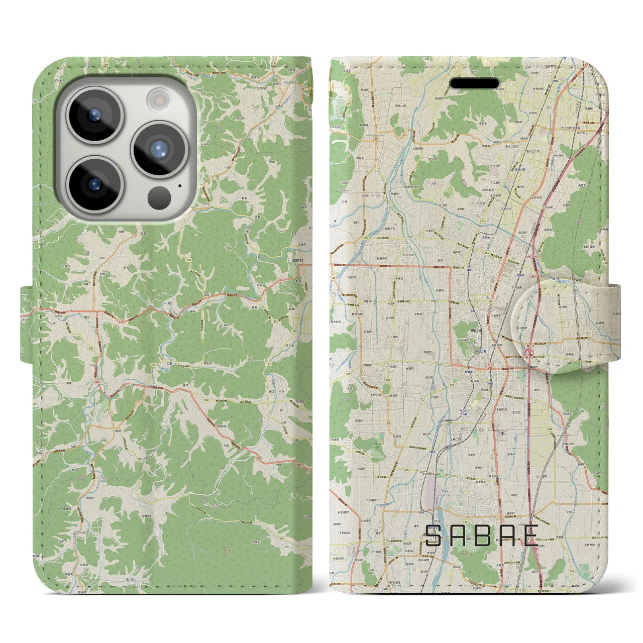 【鯖江】地図柄iPhoneケース（手帳両面タイプ・ナチュラル）iPhone 15 Pro 用