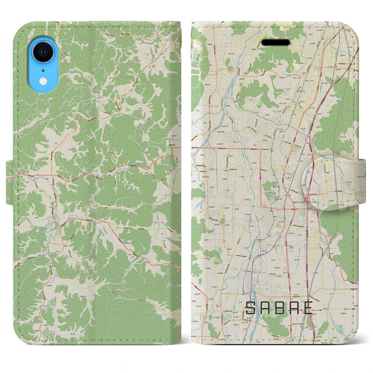 【鯖江】地図柄iPhoneケース（手帳両面タイプ・ナチュラル）iPhone XR 用