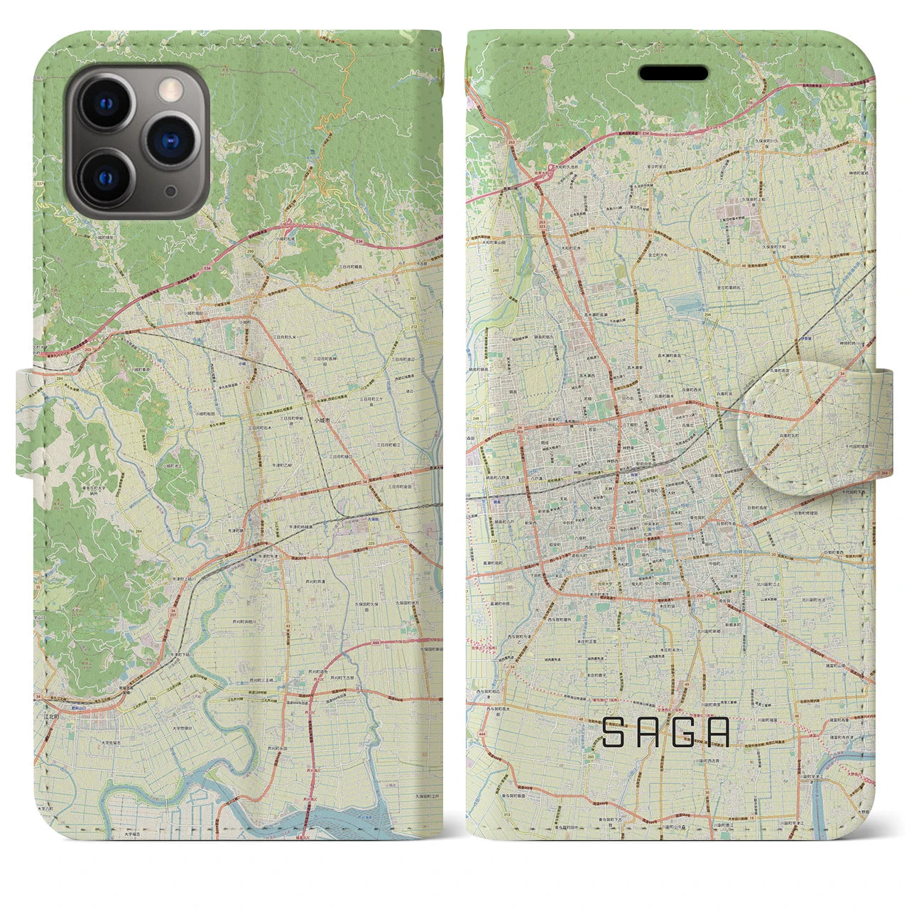 【佐賀2】地図柄iPhoneケース（手帳両面タイプ・ナチュラル）iPhone 11 Pro Max 用