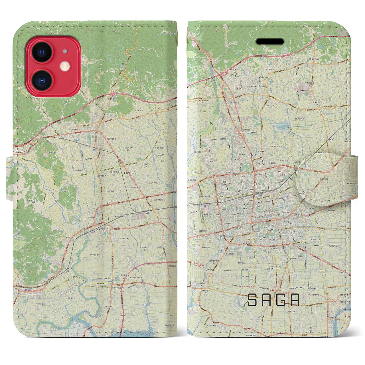 【佐賀2】地図柄iPhoneケース（手帳両面タイプ・ナチュラル）iPhone 11 用