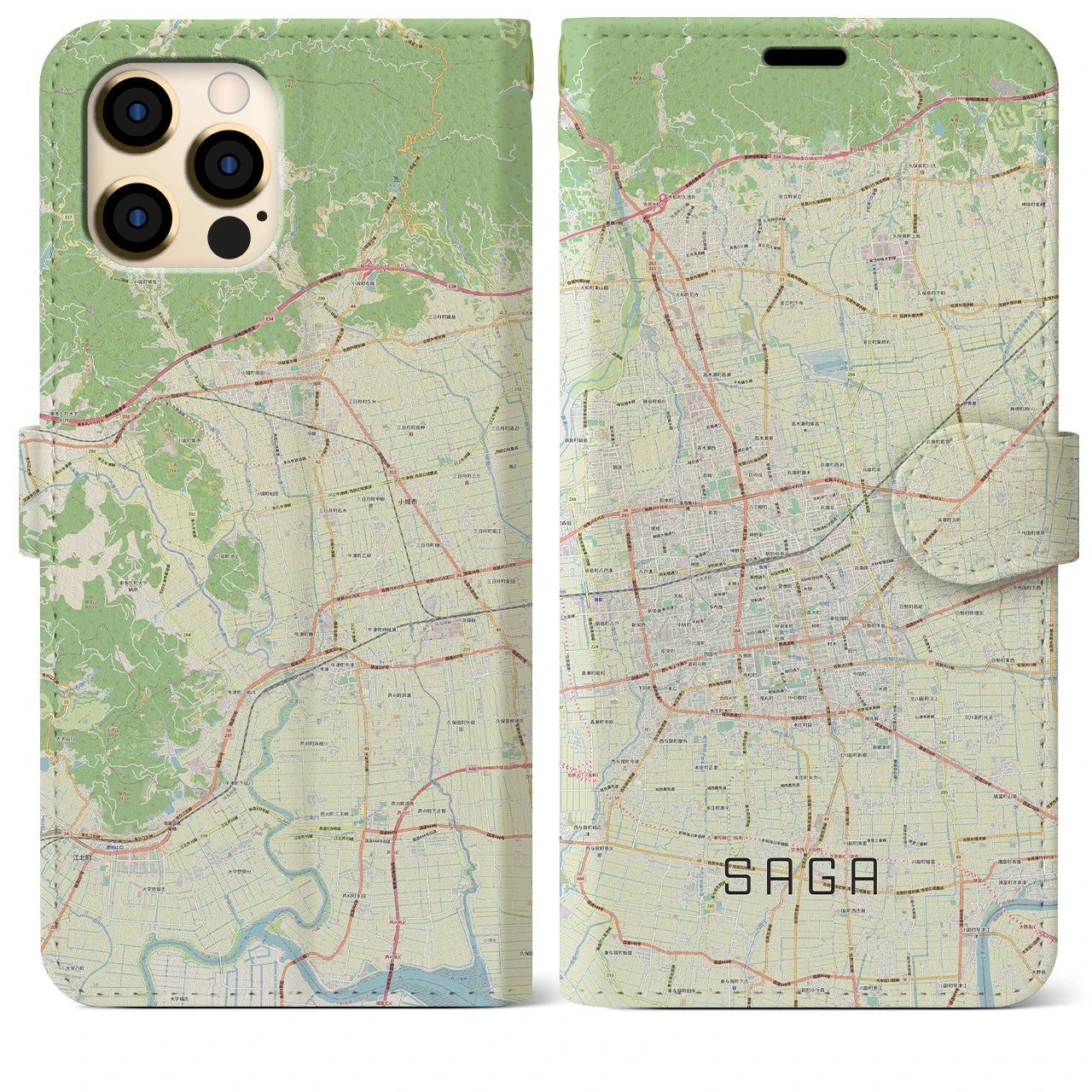 【佐賀2】地図柄iPhoneケース（手帳両面タイプ・ナチュラル）iPhone 12 Pro Max 用