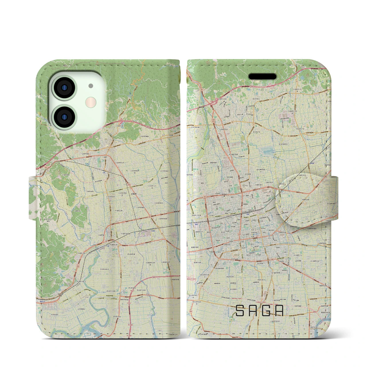 【佐賀2】地図柄iPhoneケース（手帳両面タイプ・ナチュラル）iPhone 12 mini 用