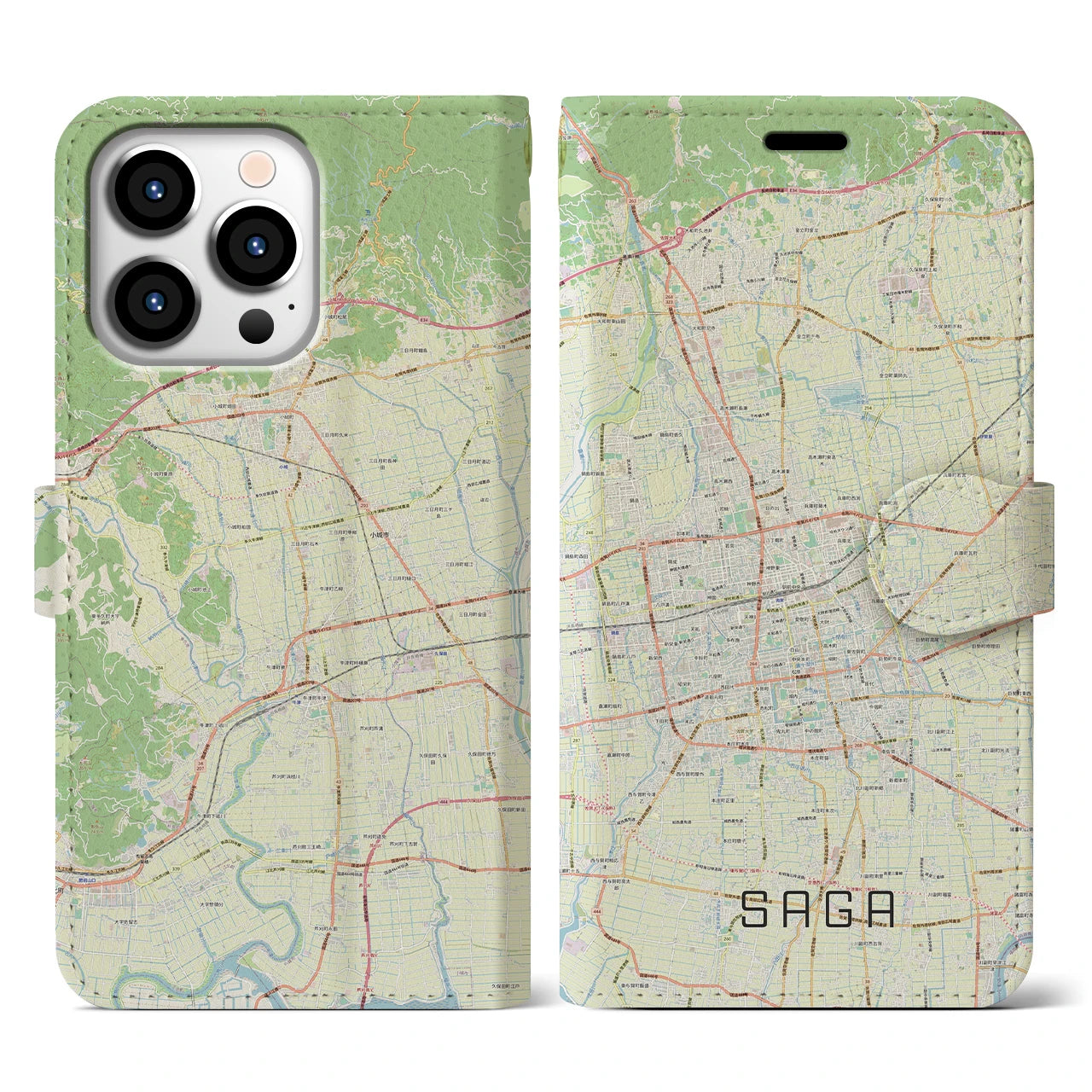 【佐賀2】地図柄iPhoneケース（手帳両面タイプ・ナチュラル）iPhone 13 Pro 用