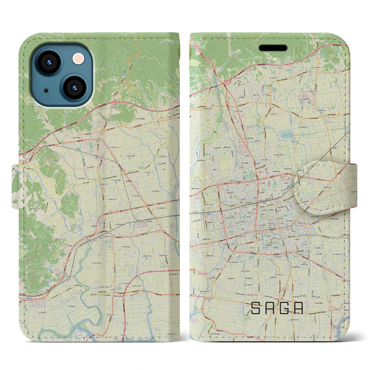 【佐賀2】地図柄iPhoneケース（手帳両面タイプ・ナチュラル）iPhone 13 用