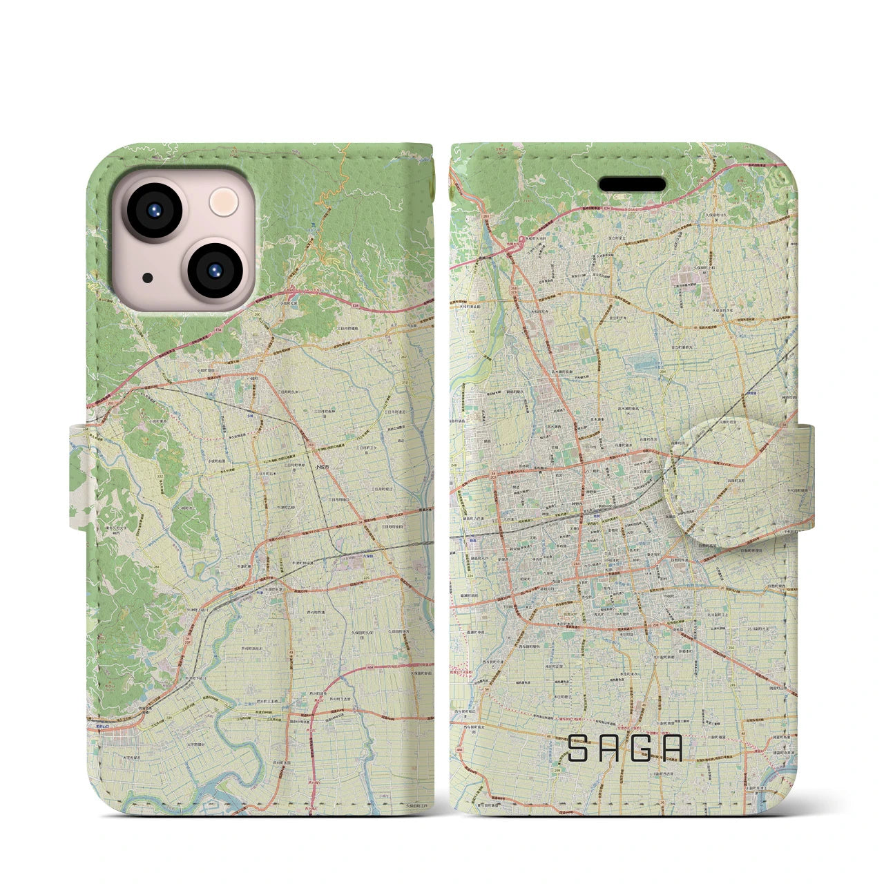 【佐賀2】地図柄iPhoneケース（手帳両面タイプ・ナチュラル）iPhone 13 mini 用