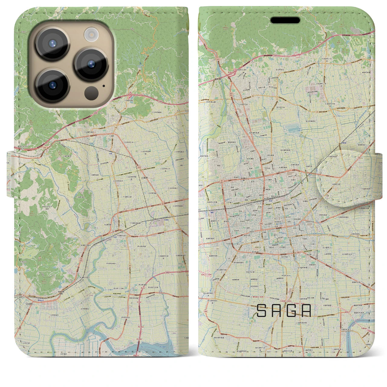 【佐賀2】地図柄iPhoneケース（手帳両面タイプ・ナチュラル）iPhone 14 Pro Max 用