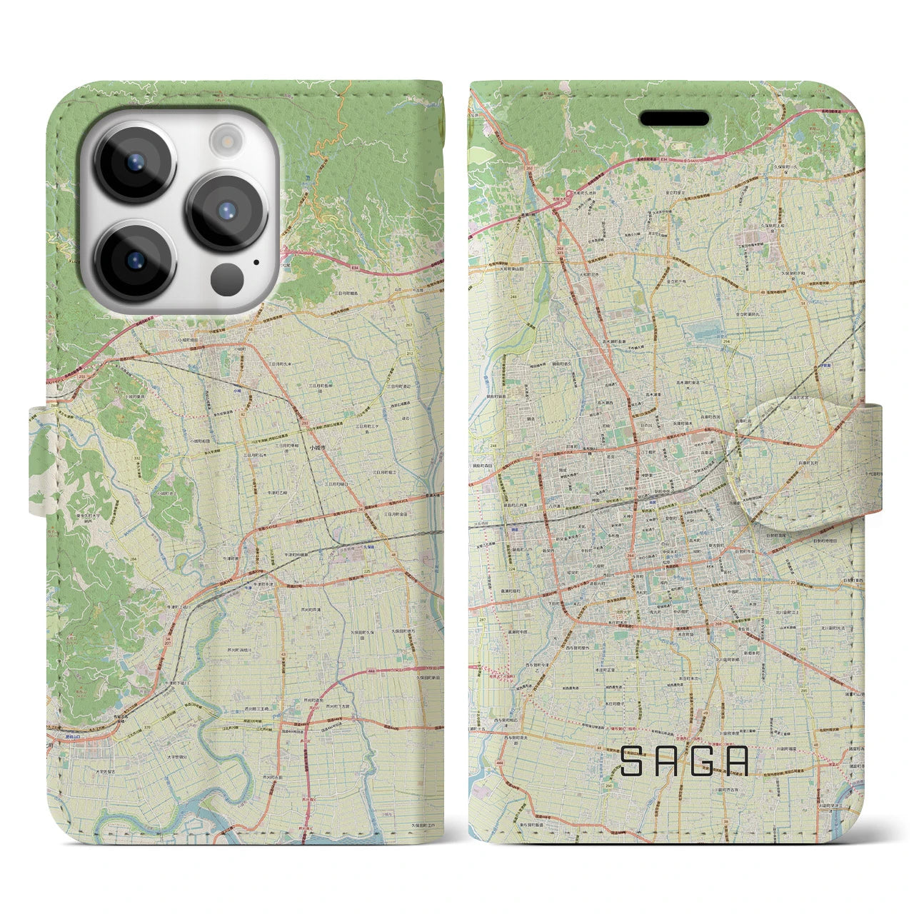 【佐賀2】地図柄iPhoneケース（手帳両面タイプ・ナチュラル）iPhone 14 Pro 用