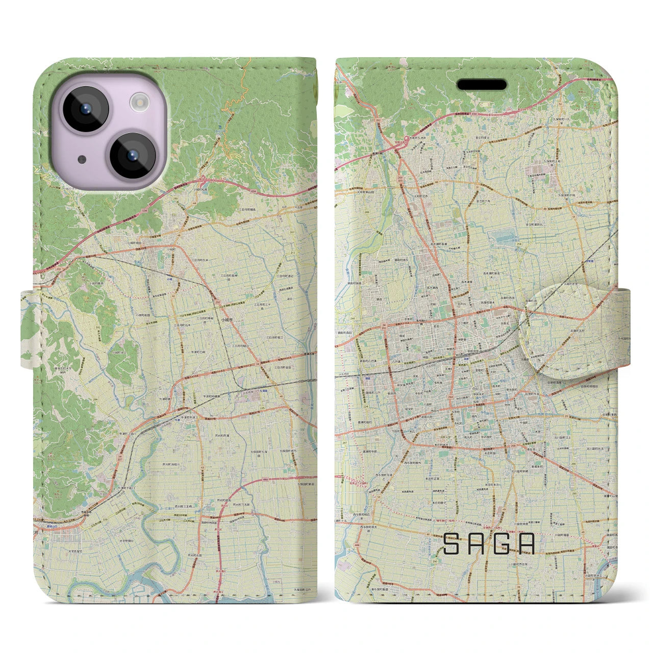 【佐賀2】地図柄iPhoneケース（手帳両面タイプ・ナチュラル）iPhone 14 用