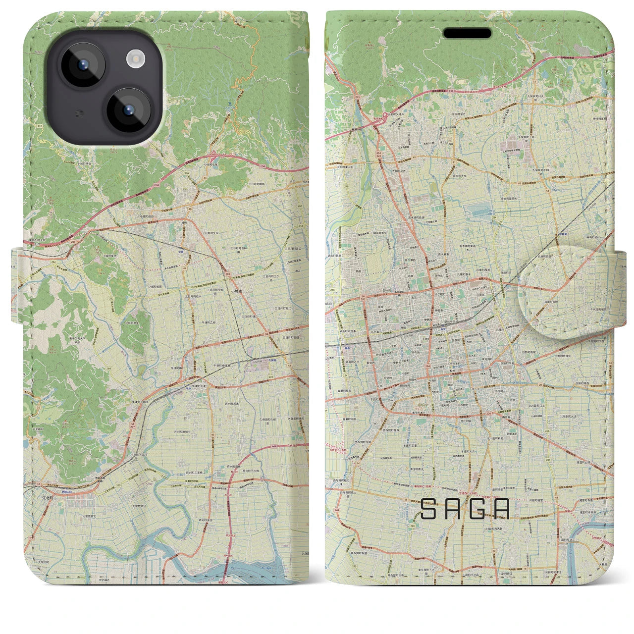 【佐賀2】地図柄iPhoneケース（手帳両面タイプ・ナチュラル）iPhone 14 Plus 用