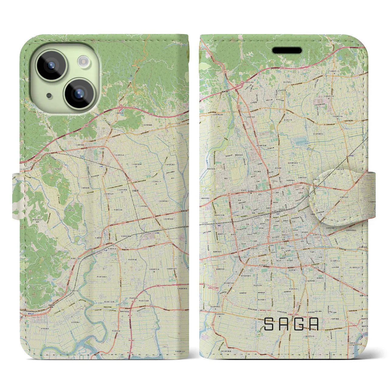 【佐賀2】地図柄iPhoneケース（手帳両面タイプ・ナチュラル）iPhone 15 用
