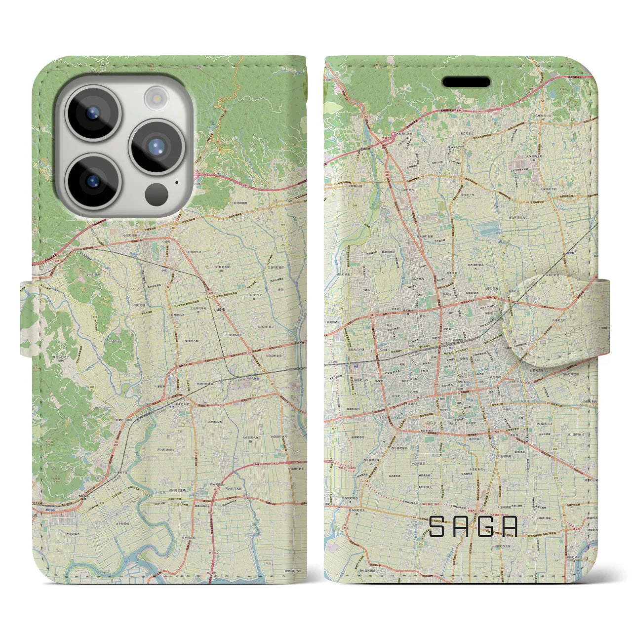 【佐賀2】地図柄iPhoneケース（手帳両面タイプ・ナチュラル）iPhone 15 Pro 用
