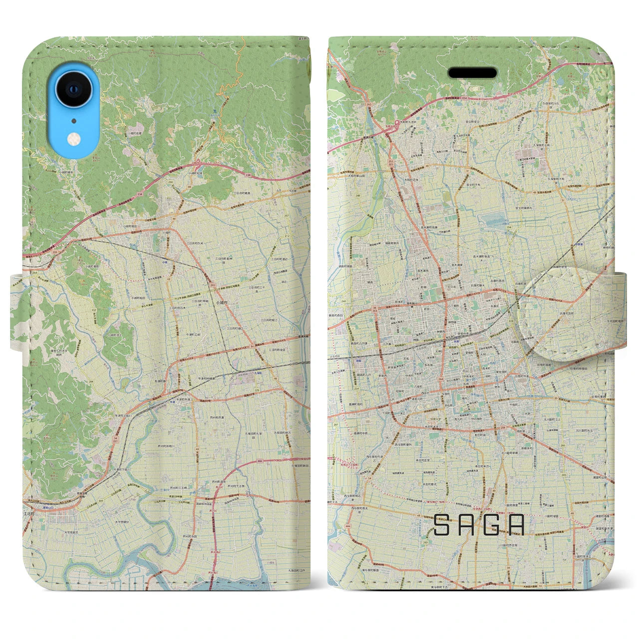 【佐賀2】地図柄iPhoneケース（手帳両面タイプ・ナチュラル）iPhone XR 用